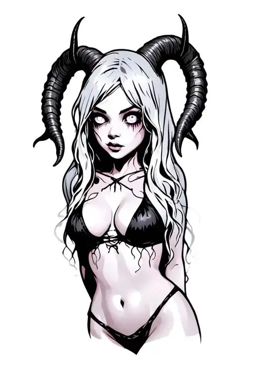 Sexy Pale Girl, Petite, Big Boobs, Wide Hips, G-string, Horns, Sexual.... on hood, white eyes, druid tattoo design idea