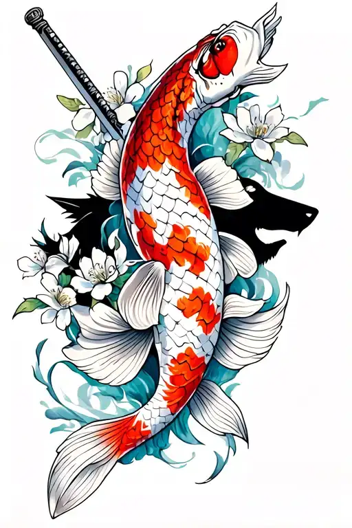 tribal koi fish with cherry blossoms and a katana sword in the middle and a shadow wolf in the background tattoo design idea