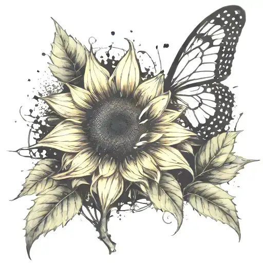giant sunflower with tinkerbell sprinlting dust over a grave site. tattoo design idea