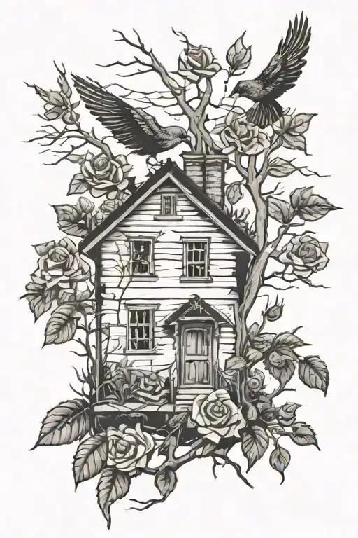 Abandoned Stalin-era house, roses, tree roots, the bird flying away tattoo design idea