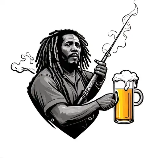 fat bob marley fishing and smoking a joint and drinking a beer  tattoo design idea