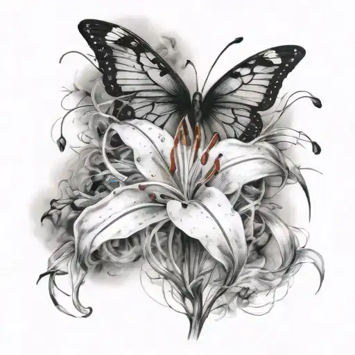delicate sketch of spider lily with smoke dissipating and butterflies tattoo design idea