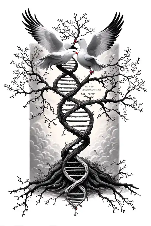 DNA strand Tree branches with doves and biblical quote intertwined tattoo design idea