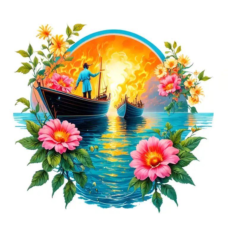 burn the boats love and flowers tattoo design idea
