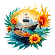 burn the boats love and flowers tattoo design idea