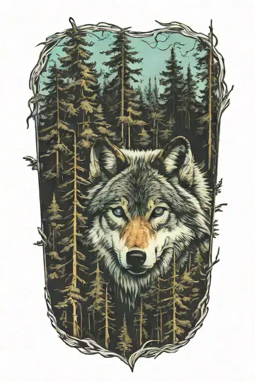 wolf blue eyes howling forest landscape tattoo design idea