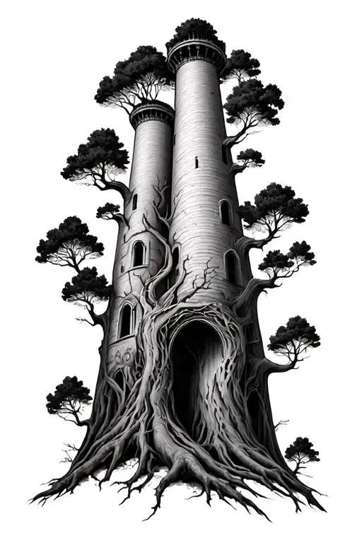 past present future trees towers pyrimands tattoo design idea