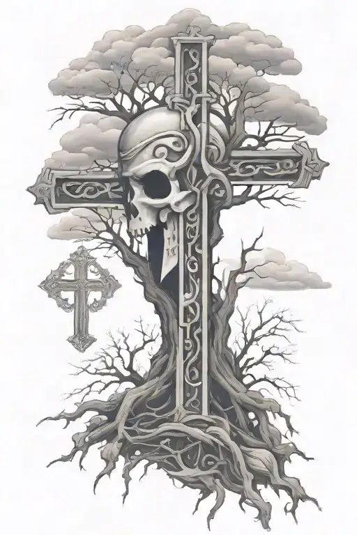 Christian cross rightside fading into a spartan head/helmet leftside with the tree of life behind the cross add clouds  tattoo design idea