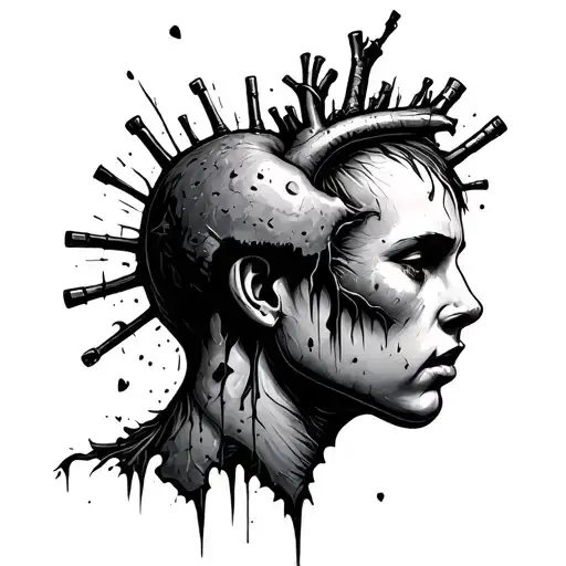 head with a hole. and heart that looks like a landmine tattoo design idea