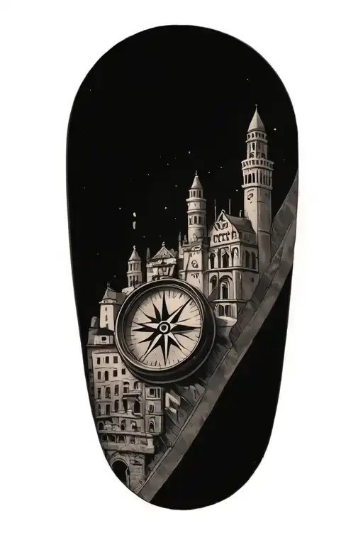 travel inspired tattoo with blended edges featuring compass and italian inspired buildings tattoo design idea
