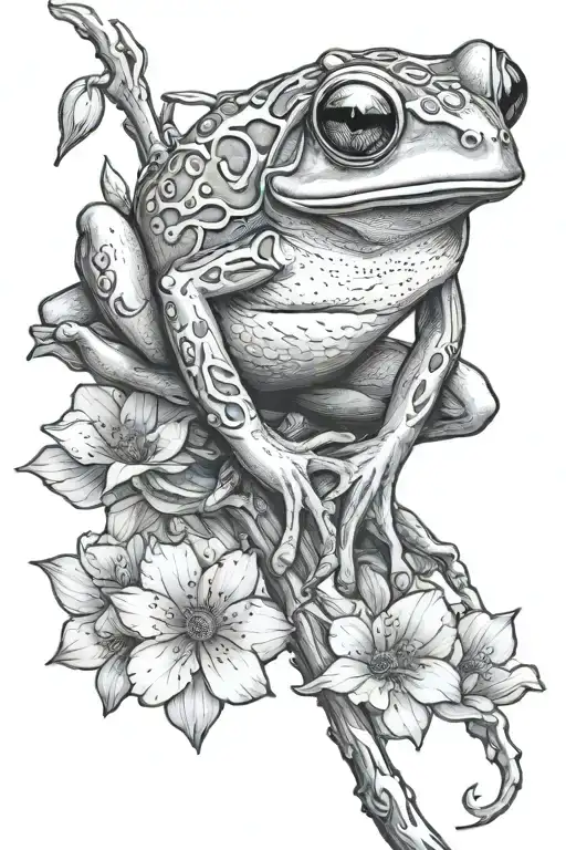 Create tattoo of a cute tree frog on a branch with a flower. make it landscape, very detailed and realistic  tattoo design idea
