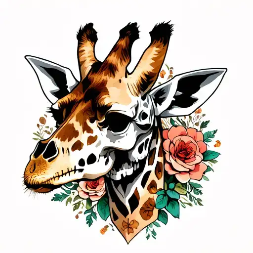 Giraffe and skull head surrounded tattoo design idea