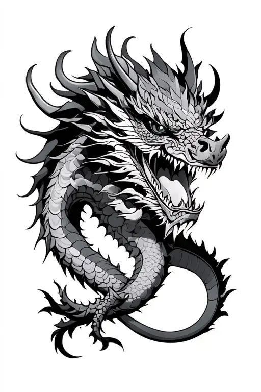 dragon intertwined with oni demon mask tattoo design idea