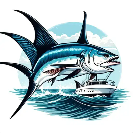blue marlin and sailfish and boat floating tattoo design idea