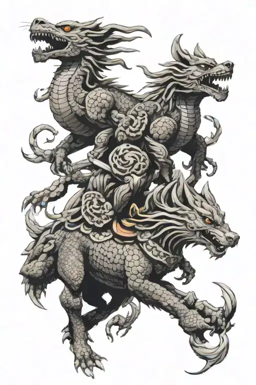 khepri surrounded by chiense dragon and wolf  tattoo design idea