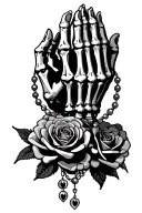 Skeleton hands praying with rosary beads wrapped around and roses around the bottom  tattoo design idea