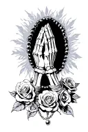 Skeleton hands praying with rosary beads wrapped around and roses around the bottom  tattoo design idea