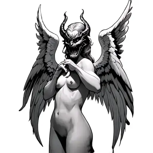 anthropomorphic angel with one demonic wing, who puts on a demonic mask.  tattoo design idea