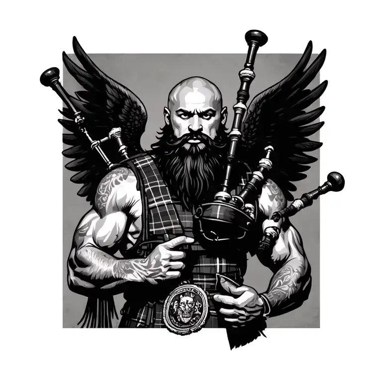 scottish bagpiper bald black beard muscular wearing glengarry pipes in arm big black wings tattoo design idea