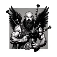 scottish bagpiper bald black beard muscular wearing glengarry pipes in arm big black wings tattoo design idea