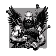 scottish bagpiper bald black beard muscular wearing glengarry pipes in arm big black wings tattoo design idea