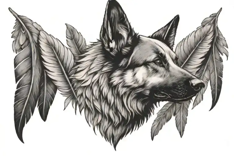 german shepherd head in big feather, birds flying away out of feather tattoo design idea
