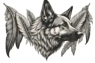 german shepherd head in big feather, birds flying away out of feather tattoo design idea