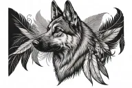 german shepherd head in big feather, birds flying away out of feather tattoo design idea