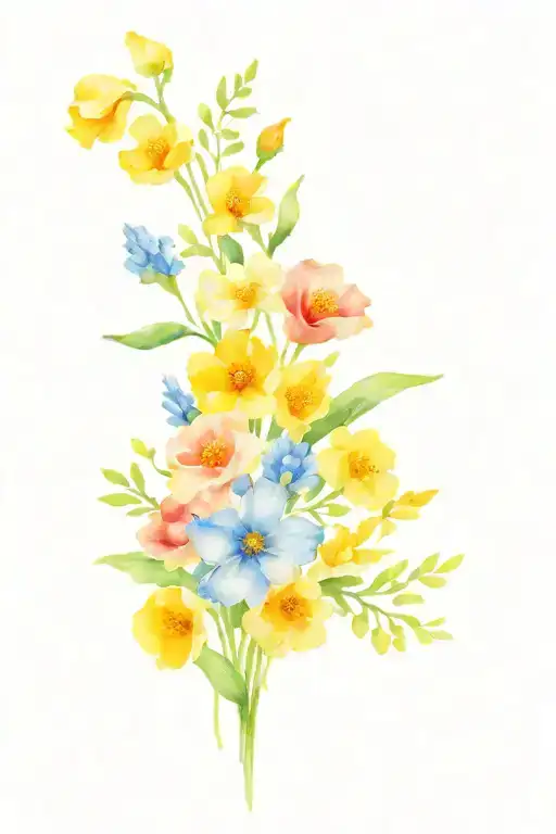 flower bouquet with march, june, August, and September birth flowers tattoo design idea