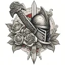 Templar Sword stuck in ground, surrounding by roses, with a templar helmet on the hilt tattoo design idea
