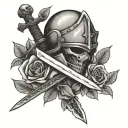 Templar Sword stuck in ground, surrounding by roses, with a templar helmet on the hilt tattoo design idea