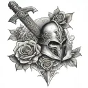 Templar Sword stuck in ground, surrounding by roses, with a templar helmet on the hilt tattoo design idea