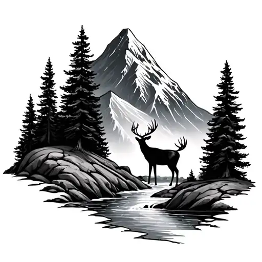 mountain, stream, tree, deer tattoo design idea