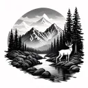 mountain, stream, tree, deer tattoo design idea