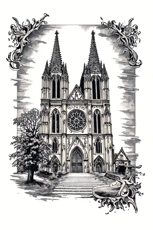 gothic cathedral surrounded by dark tattoo design idea