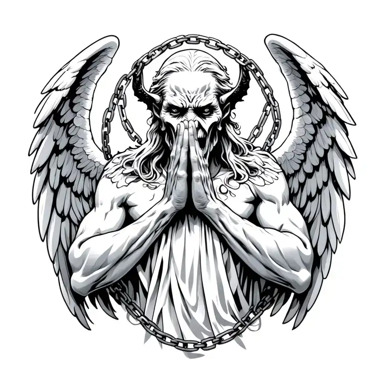 demon inside angel praying hands surrounded whit chains tattoo design idea