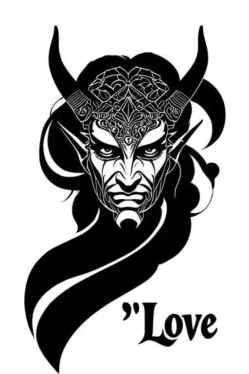 "Love " "Love " buda half meditating devil face emerging centrically tattoo design idea