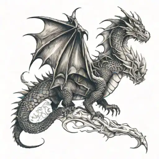 Combine elements of 90s R&B album covers with a realistic dragon design tattoo design idea