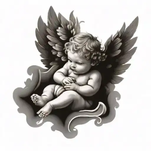 Create a tattoo design in stencil style, black and white, with a grey wash background. The design features a baby angel  tattoo design idea