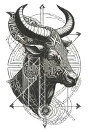 Taurus Symbol representing identity, Earth Element Symbol grounding, Navigational Arrows guiding path, Astrological Symbols intertwined, Journey Representation of strength, in a Bold Minimalism style tattoo design idea