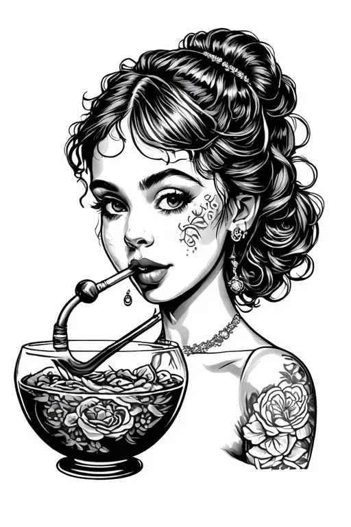 meth pipe girl in bowl glass filled tattoo design idea