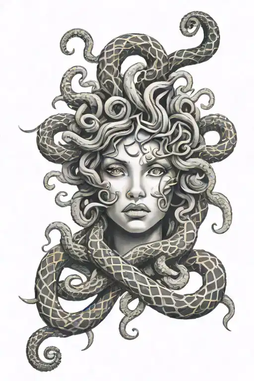 medusa face with snakes intertwined vines tattoo design idea