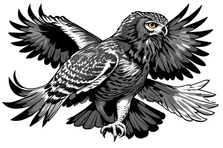 Great horned owl flying to the left with its wings up and talons down to grab prey tattoo design idea