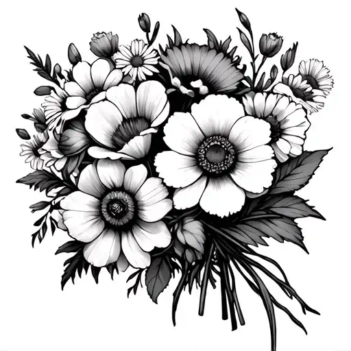 rose daffodil poppy honeysuckle daisy bouquet tied tattoo design idea