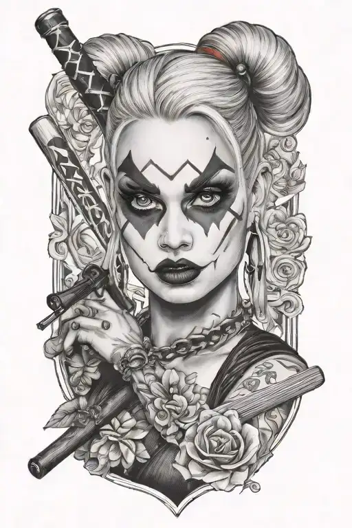 Harley Quinn in Chicano style, baseball bat tattoo design idea