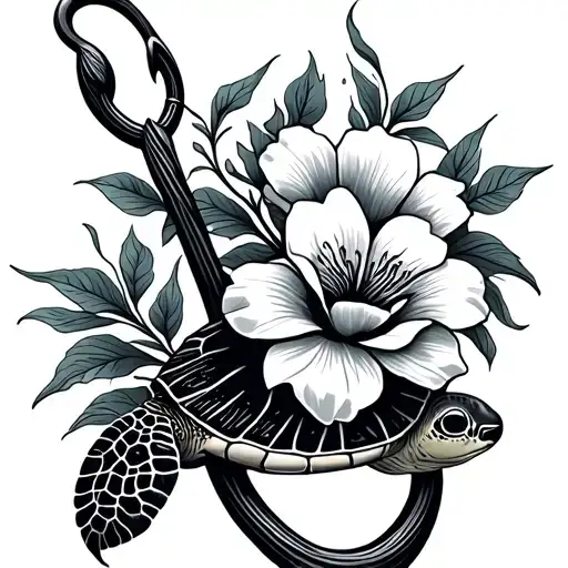 Guam Hook with flower and turtle swimming gracefully tattoo design idea