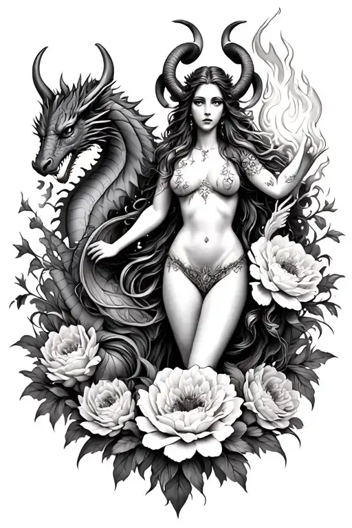 Aries sexy goddess surrounded by poeny flowers and dragons holding fire tattoo design idea