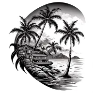 scenery with palm trees and a bay tattoo design idea