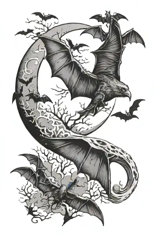large crescent moon surrounded by bats flying tattoo design idea