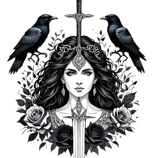 Celtic Goddess, Morrigan. Surrounded by ravens, black roses and swords tattoo design idea